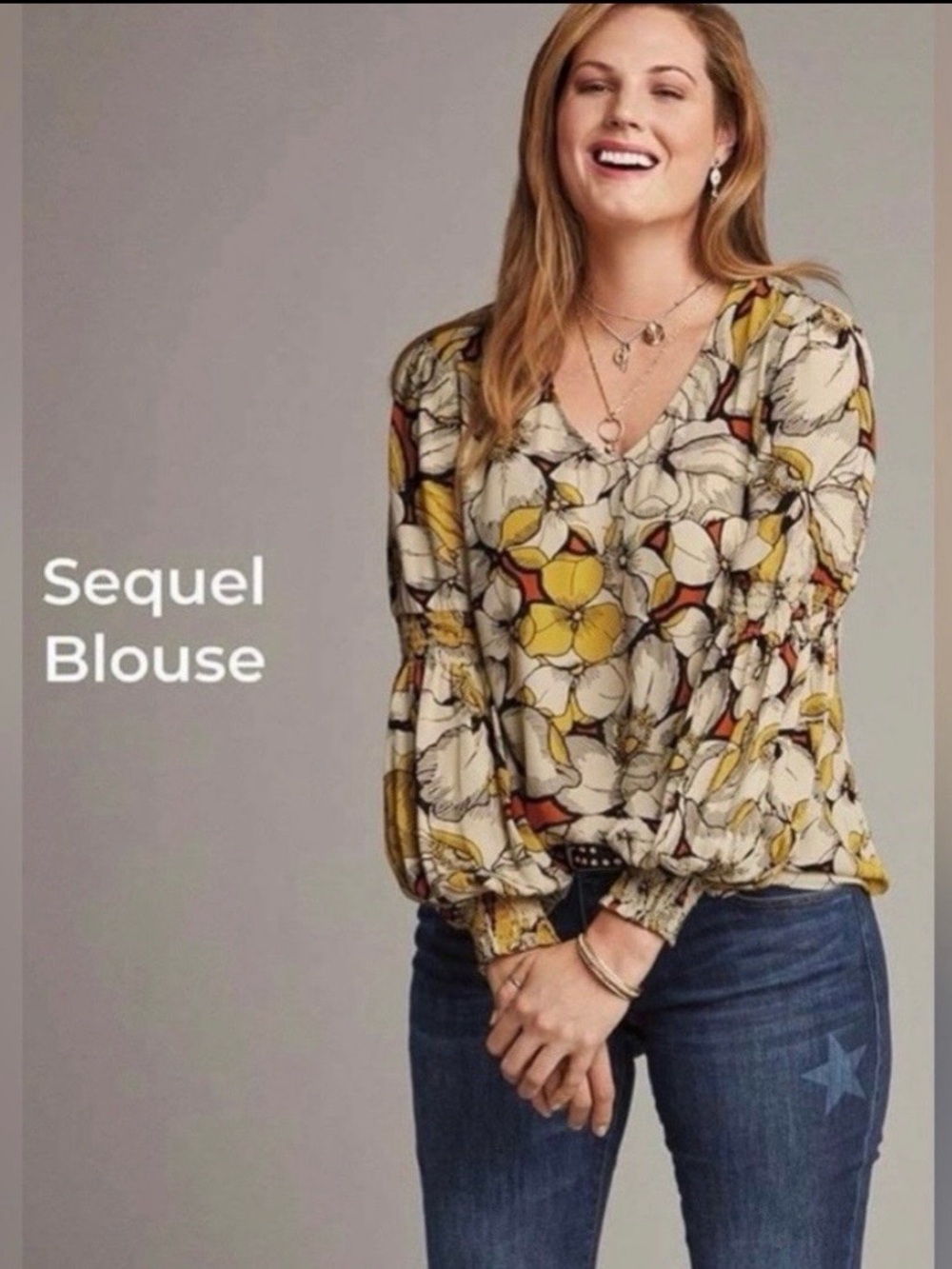 Cabi Floral V-Neck Blouse in Cream and Yellow